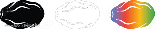 Set of three abstract rounded shapes in solid black, thin outline, and rainbow gradient