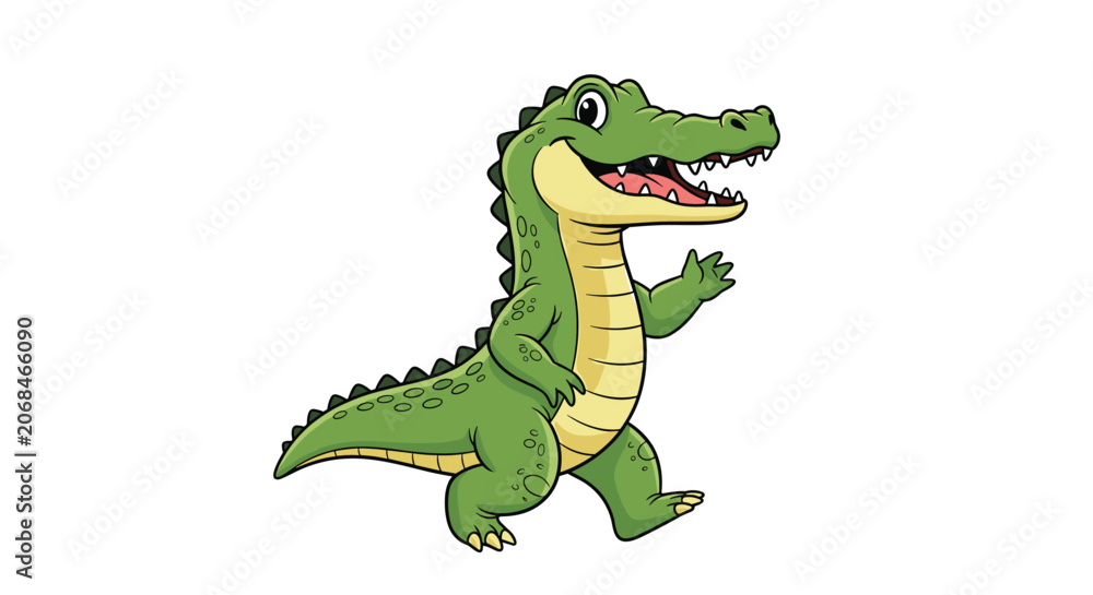 Fototapeta premium Friendly green crocodile with a big smile and sharp teeth walks on two legs in a playful cartoon character illustration.