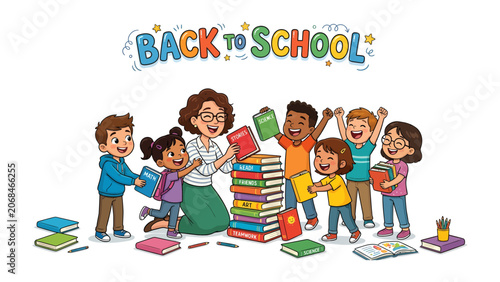Fotografie Back to School Joy: A cheerful teacher guides her diverse group of eager students, surrounded by colorful books and school supplies, celebrating the start of a new academic year