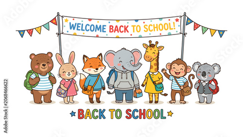 Canvas Print Welcome Back to School with Adorable Animal Friends: A charming illustration depicts a group of friendly cartoon animals, including a bear, rabbit, fox, elephant, giraffe, monkey, and koala