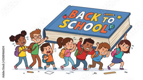 Struggle of Learning: A group of young diverse student carrying a giant book with Back to School written on it, illustrating the burden and challenge of education.