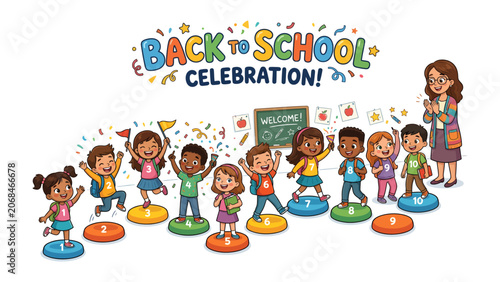 Fotografija Back to School Celebration: A cheerful group of diverse elementary school children, led by a smiling teacher, celebrate the start of the new academic year with excitement and joy