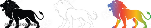 Set of three stylized lion icons in silhouette outline and gradient