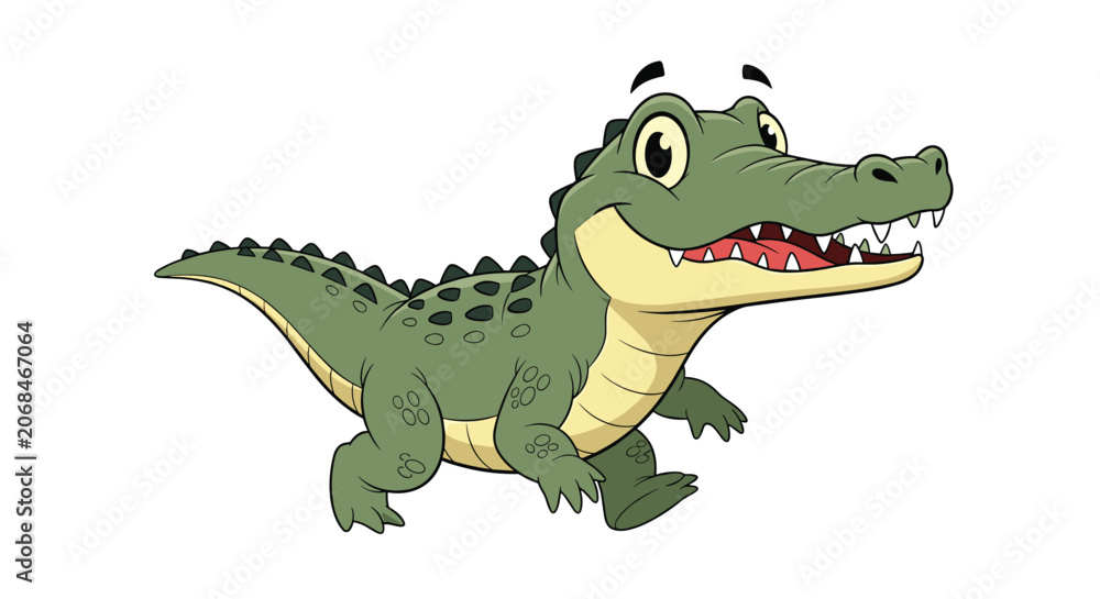 Obraz premium Happy green cartoon crocodile walking with a big smile and open mouth on a white background.