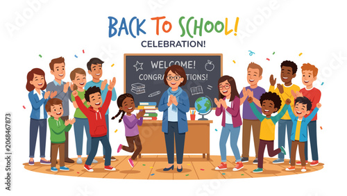 Slika na platnu Back to School Celebration: A joyous classroom scene erupts in celebration as students and a teacher welcome the new academic year with enthusiasm and confetti