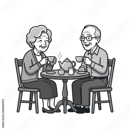 Elderly couple having tea.