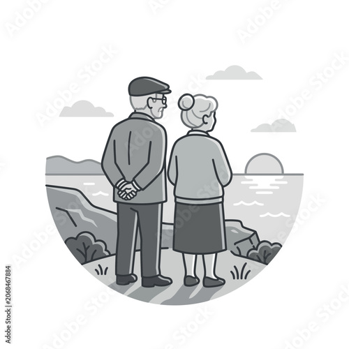 Elderly Couple Viewing Sunset Together.