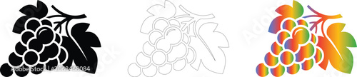 Set of three grape bunch icons in solid, outline and gradient styles