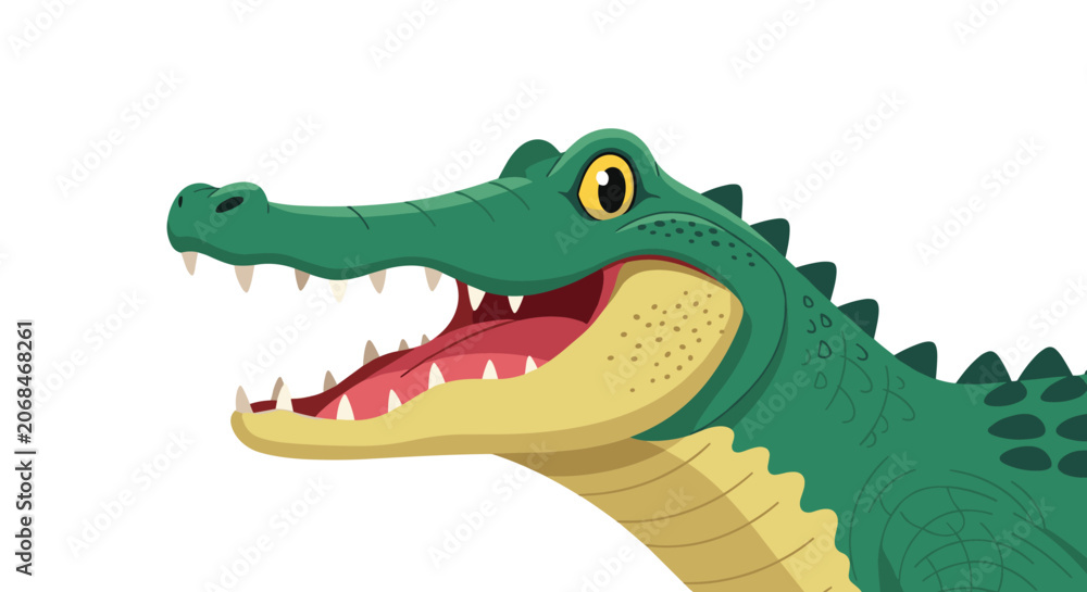 Obraz premium Close up profile view of a green crocodile with its mouth open showing sharp teeth in a detailed character illustration.