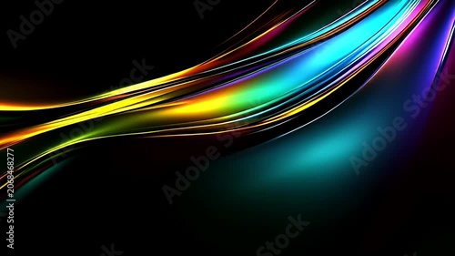 Abstract background with flowing colorful light waves on a black backdrop.