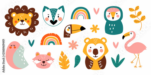 Photography stylized animal collection colorful vector illustration on white background