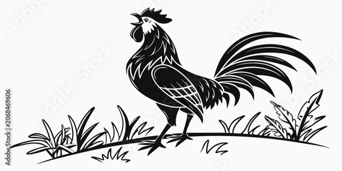 Billede på lærred Black rooster silhouette crowing outdoors - farm poultry illustration vector gra