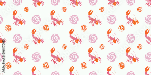 Cuadro en lienzo Hermit crab pattern a repeating illustration with orange and pink shells