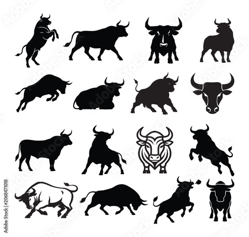 Bull Silhouette Vector Set - Charging Bull Logos and Mascot Icons Collection