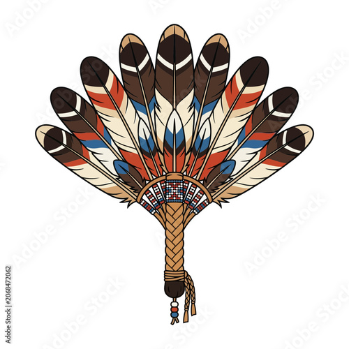 Native American Feather Fan with Tribal Patterns and Braided Handle