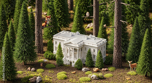 Miniature white house model surrounded by lush greenery and wildlife in a serene forest setting with trees and animals.