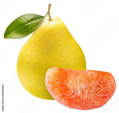 Fresh yellow pomelo fruit with leaf whole and red pink sliced half showing juicy pulp, isolated on white background. Exotic organic citrus, studio shot with clipping path.PNG File.
