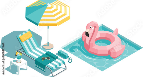 Fotografía Isometric summer swimming pool scene with lounge chair sun umbrella and flamingo
