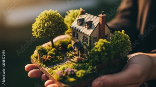 Dream Home in Hand Miniature House Model with Garden at Golden Hour Light.