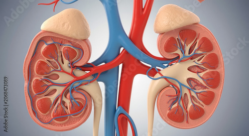 Human kidney anatomy with renal arteries and veins detailed cross-section view urology and nephrology educational diagram