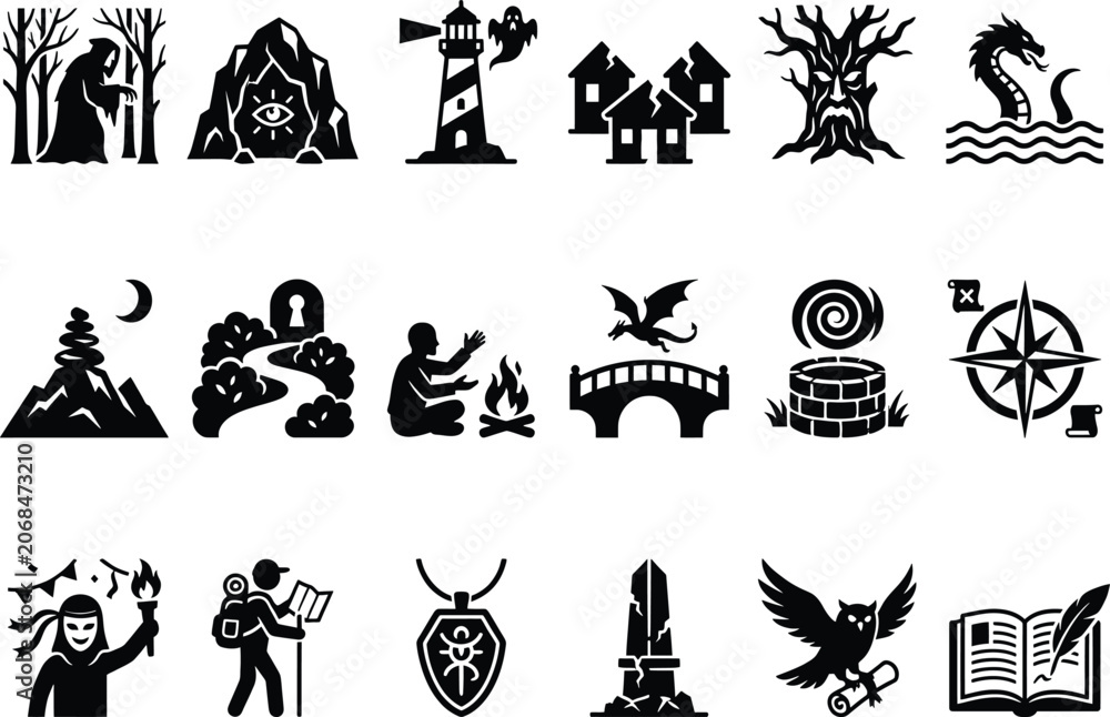 Fototapeta premium Fantasy icons set with mythical creatures and magical symbols