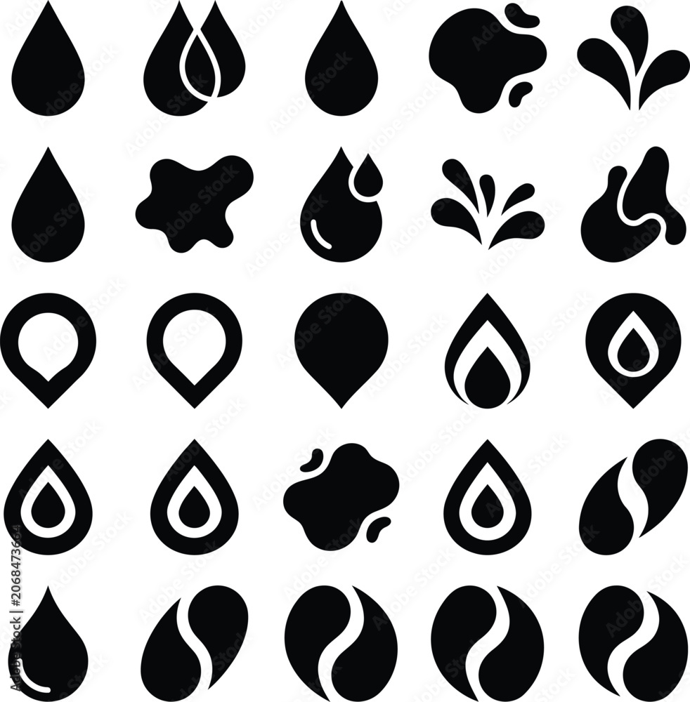 Fototapeta premium Set of water drop and liquid splash icons with silhouette abstract minimalist