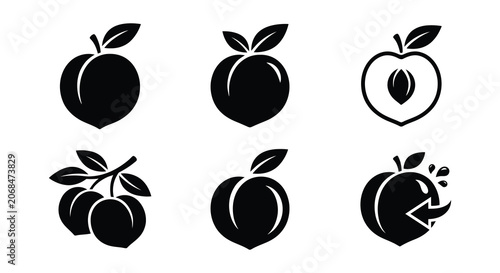 Obraz na płótnie Peach silhouettes with leaves flat vector illustration on white background