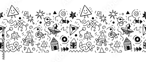 Seamless Doodle Border with Playful Geometric Characters and Abstract Shapes
