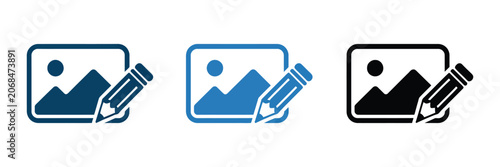 Image customization icon set with landscape frame and pencil symbols representing photo editing, graphic design tools, and digital artwork modification.