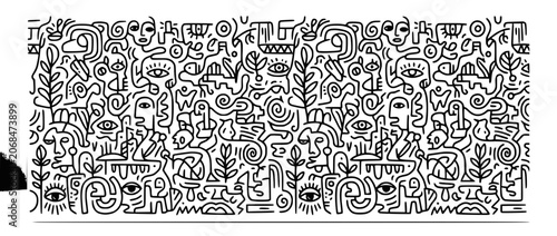 Seamless Hand Drawn Doodle Pattern with Abstract Faces and Botanical Elements