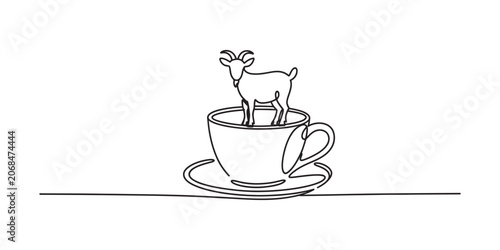 Bild auf Leinwand Continuous single line drawing of a cute goat standing inside a coffee cup on a