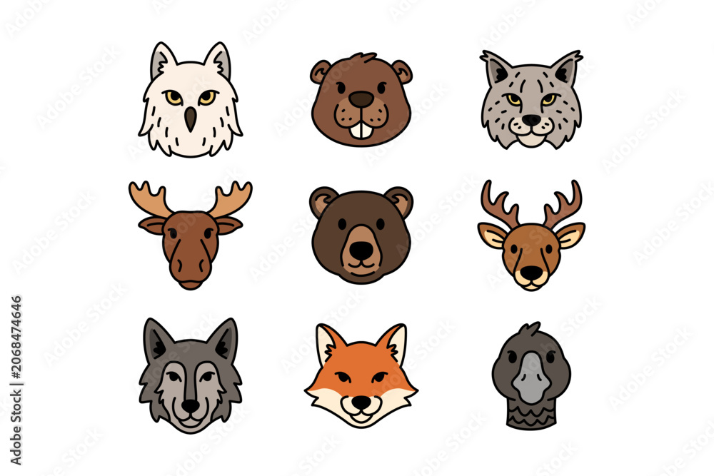 Obraz premium Woodland animal face colorful illustration design set. North American wildlife head assortment flat design element pack. Owl, beaver, lynx, moose, bear, deer, wolf, fox, raven