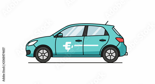 A teal-colored car with a white logo on the side