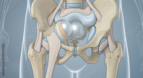 Human pelvis anatomy with highlighted hip joint and surrounding muscles a detailed medical educational diagram for study and healthcare professionals.