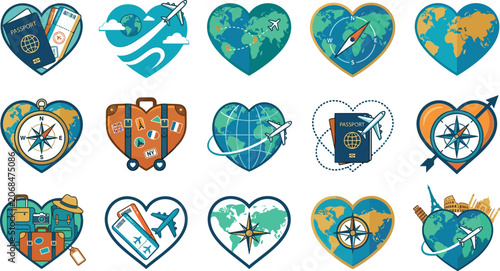 Photos Travel and tourism heart icons vector set with world map globes airplanes passpo