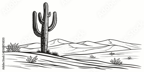 Obraz na płótnie Minimalist desert scene line art with saguaro cactus and rolling sand dunes land