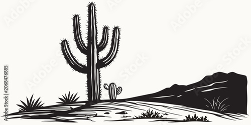 Fotografía High contrast desert landscape illustration featuring saguaro cactus and mountai