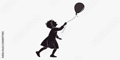 Quadro su tela Black silhouette of a happy young girl running while holding a floating balloon