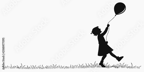 Obraz na plátně Black silhouette illustration of a happy young girl walking across a grassy fiel
