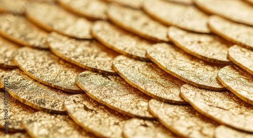 Golden coins are stacked horizontally in a close-up view on a surface