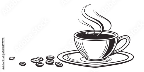 Photos Minimalist graphic line art of a cup of hot coffee with coffee beans on a flat s