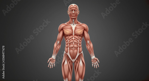 Human anatomy muscular system full body illustration of a man with visible muscles and skeletal structure for medical education and health concepts.