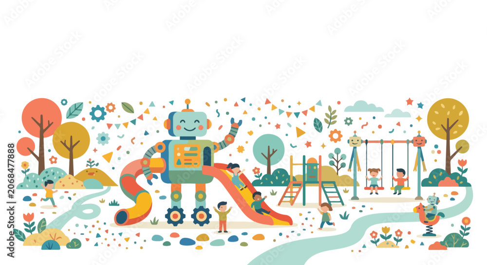 Fototapeta premium A charming vector illustration depicts a futuristic playground where diverse children and friendly robots play together amidst colorful autumn trees.