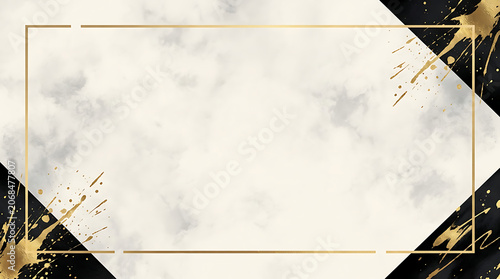 Elegant Gold and Black Marble Background with Splatters and a Geometric Frame - Perfect for Invitations and Branding
