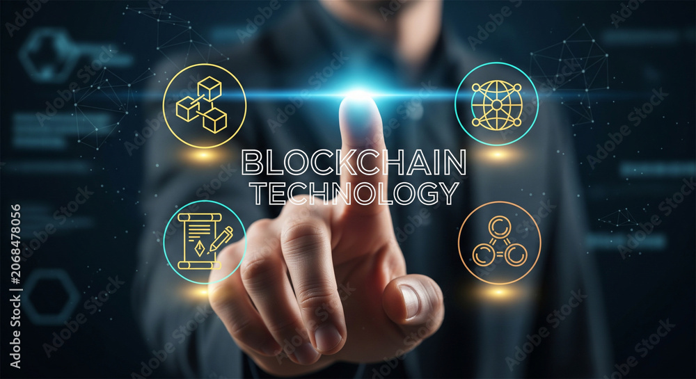 Fototapeta premium Blockchain technology concept, businessman touching virtual screen with digital ledger icons, decentralized network security