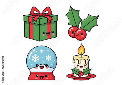 Set of Christmas icons and elements festive winter vector illustration with tree, gift boxes, snowman, Santa hat, bells, ornaments, candy, ribbon, celebration holiday decoration