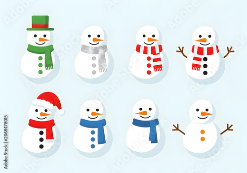Cute snowmen with Christmas tree winter holiday vector illustration, happy smiling snowman characters in hats and scarves, festive Christmas decoration, snow, winter season celebration