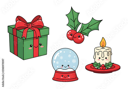 Christmas gift box and decorated Christmas tree with festive presents, ornaments, bows and ribbon, holiday winter celebration vector illustration set with Santa, snowman, star and ball