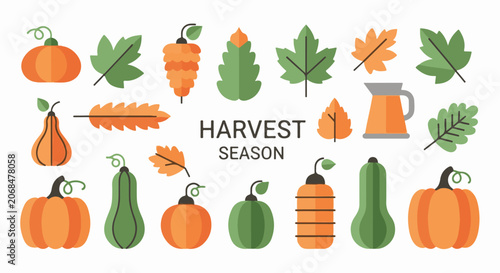 Colorful harvest season graphic with pumpkins, leaves, and jug