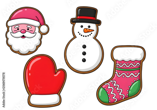 Cute snowman cookies with red heart holding Christmas gift, winter holiday vector illustration with scarf and hat, festive cartoon decoration for greeting card, happy New Year season celebration